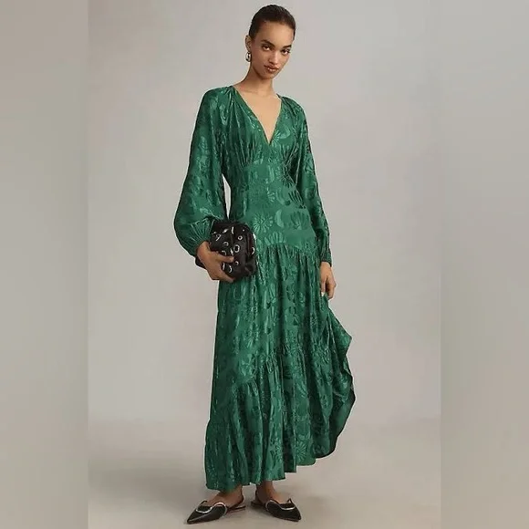 ANTHROPOLOGIE Farm Rio Floral Jacquard V-Neck Maxi Dress Green Petite Size NWT - Picture 1 of 4
